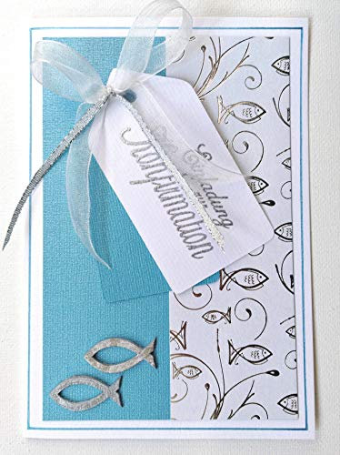 Fibula[Style] 8 x Hochwertige Einladungskarten zur Konfirmation Fische - türkisblau *Handmade*