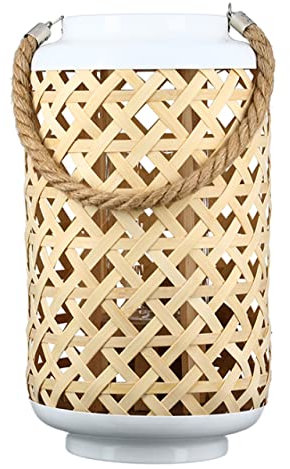 Casablanca Windlicht Native Metall/Holzgeflecht weiß/naturfarben inklusive Glaseinsatz mit praktischem Trageseil H: 39 cm Ø 21 cm 84125