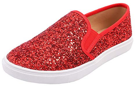 Feversole Women's Fashion Slip-On Trainer Casual Flat Loafers,Skater Pumps Trainers Sneakers Shoes Red Glitter Size 6