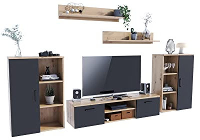 MATKAM Wohnzimmermöbel-Set Herkules, 5-teilig, 1 x TV-Kommode H35 x B150 x T40 cm, 2 x Wohnzimmerkommode H100 x B80 x T30cm, 2 x Hängeregale H20 x B100 x T20 cm (Artisan Eiche-Schwarz)