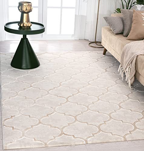 the carpet Knight Eleganter, Hochwertiger, Wohnzimmer Teppich, Softer Kurzflor, 3-D Effekt, Glänzende Design-Elemente, Hoch-Tief Struktur, Beige, 140 x 200 cm