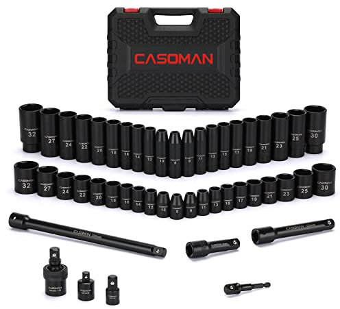 CASOMAN 49PCS 1/2-Inch Drive Impact Socket Set, Deep&Shallow, CR-V, 6 Point, Metric Socket Set, 8mm-32mm, Includes Extension Bars, Adapters, Impact Universal Joint