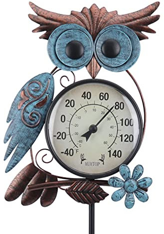 MUMTOP Außenthermometer, 42 Zoll Metall Eule Gartenstecker Außenwandthermometer für Terrasse, Hof und Garten