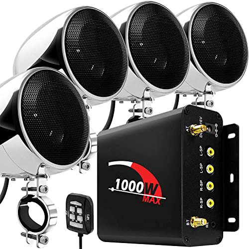 Aileap 1000W 4 Kanal Motorrad Verstärker 4 Full Range Wasserdicht Bluetooth Motorrad Stereo Lautsprecher Audio System mit AUX USB SD FM Radio für 1-1.5 Lenker Harley Cruiser ATV UTV (Chrom, net)
