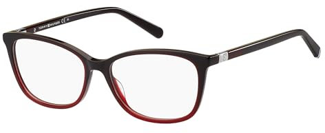 TOMMY HILFIGER Brille mit Sehstärke in Burgunderrot für Damen optional mit Sonnenbrillentönung oder Blaulichtfilter, Rechteckig, gefertigt aus Acetat, Modell: 106483 (inklusive Brillenetui)