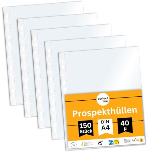 perfect line - 150 Prospekthüllen DIN A4 - Klarsichtfolien Glasklar - 40 my Stark - extra leicht, dünn, platzsparend - dokumentenecht, säurefrei