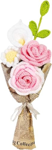 DRYFAL Fertig gestrickter gehäkelter Blumenstrauß, handgehäkelter Blumenstrauß, gemischt, handgefertigt, gestrickte Blume, Rose, Sonnenblume, Gänseblümchen, künstliche Blume für Vase, Heimdekoration,