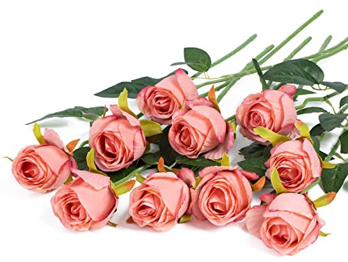 DuHouse 10pcs Artificial Silk Roses Flowers Single Long Stem Fake Rose Bouquet for Wedding Home Party Decoration Centerpieces(Rose Red)