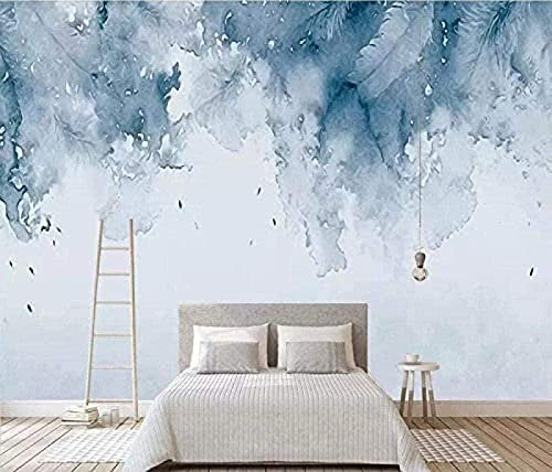 XLMING Effekt handgezeichnet nordisches Blau Aquarell schöne Feder Hintergrund Tapete Seidentapete Wandbild Wanddekoration-200cm×140cm