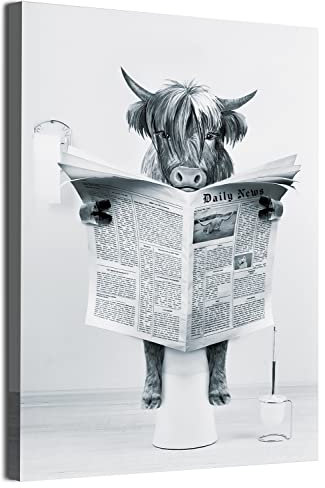ZFTCN Art mural amusant au motif de journal - Tableau mural animal sur toilettes - Toile en noir et blanc - Décoration de salle de bain et chambre à coucher - Sans cadre - 40 x 60 cm