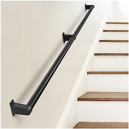 SDNBHT Barandilla industrial de metal para escaleras interiores, montaje en pared, pasamanos de escalera de tubo de 1.25 pulgadas para escalones, barandilla de escalera de aluminio negro para