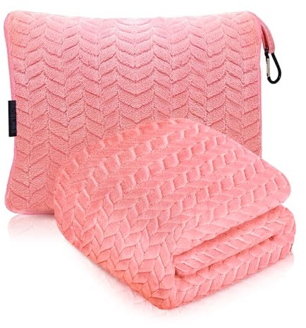 Proglobe Coperta da Viaggio Morbida & Calda per Aereo & Auto - Indispensabile per Lunghi Voli per Donne, Uomini, Bambini - Cuscino Compatto con Custodia per Bagagli & Clip per Zaino, Rosa