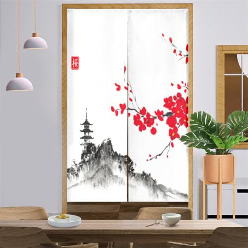 Surwin Rideau de Porte Japonais Long Tapisserie Noren en Lin Fenêtre Rideaux Panneau Tenture Tapisserie Décoration pour Cuisine Chambre Décoration de Maison (90x200cm,Fleurs de Cerisier)