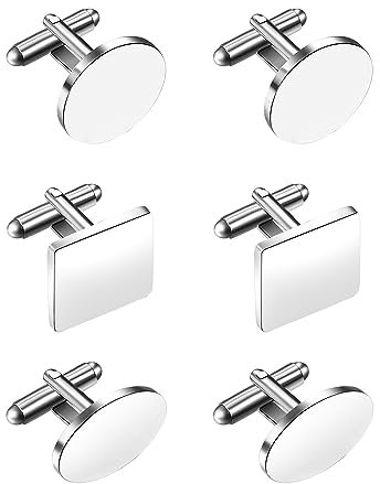 JewelryWe 3 Paar Herren Manschettenknöpfe Set: Silber Edelstahl Poliert Rund Quadratisch Oval Manschetten Knöpfe Männer Business Hemdknöpfe für Hochzeit Verlobung Jubiläum