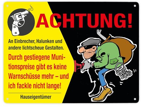 Einbrecher Metallschild XXL in 28x38 cm mit Spruch Achtung An Einbrecher und Halunken ein Warnschild für lichtscheue Gestalten Motiv Comicstil Dieb Schild gelb schwarz Pistole