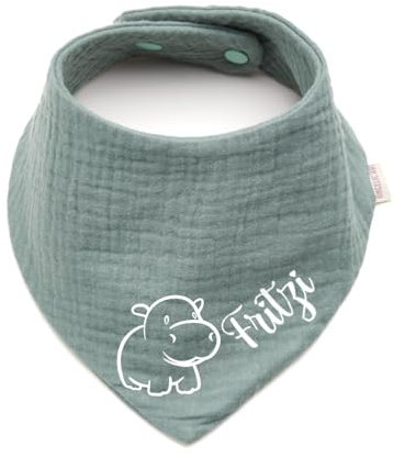 Personalisiertes Dreieckshalstuch aus Baumwolle/Musselin | Nilpferd mit Wunschnamen | Halstuch für Jungen, Mädchen | Viele Farben (Dunkelmint)