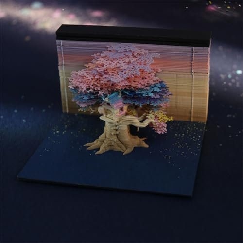 Abreißkalender 2024, Notizblock, 3D-Kalender 2024, Notizblock mit LED-Lichtern, Baumhaus-Papierschnitzerei, Haftnotizen, Kunst-Schreibtischkalender for den Home-Office-Desktop, 9,5 x 9,5 x 6,5 cm,B (