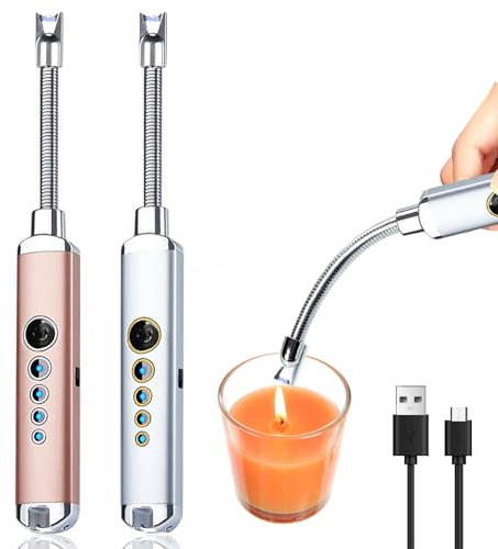 Vegena 2 Pezzi Accendino Elettrico, Accendigas Usb Ricaricabile, Accendino Lungo Con Indicatore Della Batteria Accendino Arco Elettrico Per Barbecue Candele Stufe Campeggio (Oro Rosa + Argento)