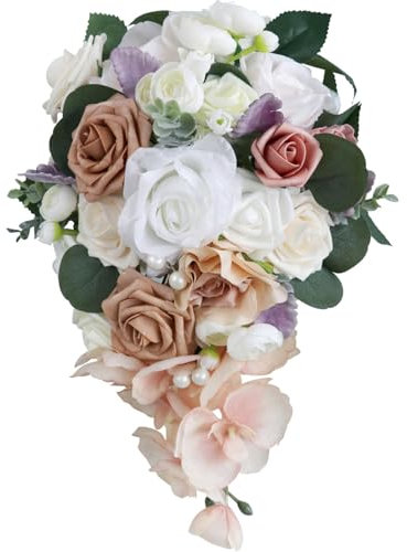 Fouriding Hochzeit Blumenstrauß für Braut,Wasser Tropfen Wasserfall Brautstrauß künstliche Blumen halten Blumen für Zeremonie Jahrestag Hochzeit Dekoration (Weiß Khaki)