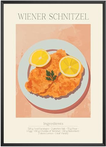 MJ-GRAPHICS - Poster Schnitzel - Bild mit Speisen Rezept & Zutaten - Wandbild Din A3 in Galerie Qualität mit extra dickem 300g Posterpapier - Retro Poster FineArt Kunstdruck ohne Bilderrahmen