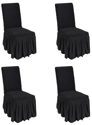 VEVOR Stuhlhussen aus Elastischem Spandex, Universell Passender Stuhlbezug mit Rock, Abnehmbare & Waschbare Schonbezüge, für Hochzeit, Urlaub, Bankett, Party, Feier, Essen (4 Stück, Schwarz)