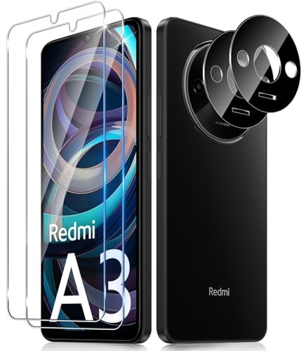 Funrae 2 Piezas Protector de Pantalla para Xiaomi Redmi A3 4G / Xiaomi Redmi A3X con 2 Piezas Protector de Lente de Cámara, 0.33MM HD 9H Ultra Resistente Cristal Templado Vidrio Templado