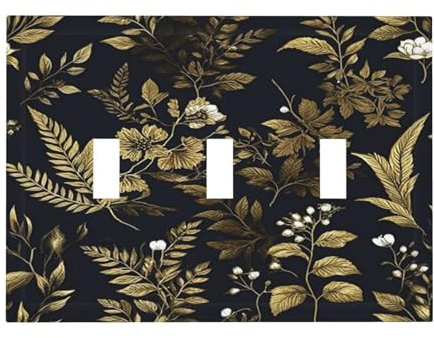 Xuejiaku Placca di copertura per interruttore della luce, con fiori in oro e nero, stile vintage, bohémien, botanico, floreale, a 3 vie, con tripla levetta, piastra decorativa da parete elettrica, per