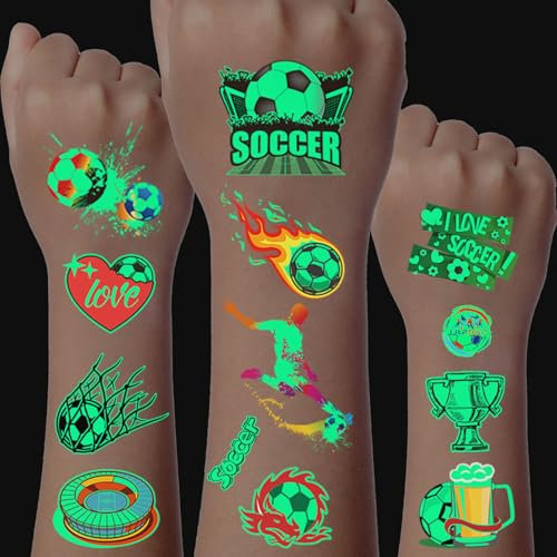 Leuchtende Fußball Tattoos für Kinder - 20 Blätter Temporäre Tattoos, Geschenke für Jungs, Kindergeburtstag Einladungen Gefälligkeiten