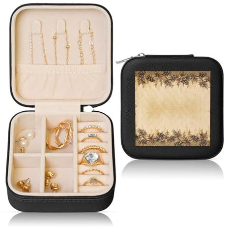 WSHFFILO Schmuckkästchen aus Leder mit Tannenzapfen-Bordüre, bedruckt, quadratisch, Schmuck-Aufbewahrungsbox, Geschenkbox