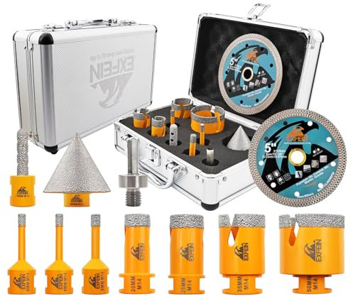 EXFEIN Kit di punte diamantate per piastrelle - 10 pezzi (6/6/8/20/25/35/50mm+10mm fresa+50mm punte smussate+adattatore+125mm disco diamante) per porcellana piastrelle marmo granito
