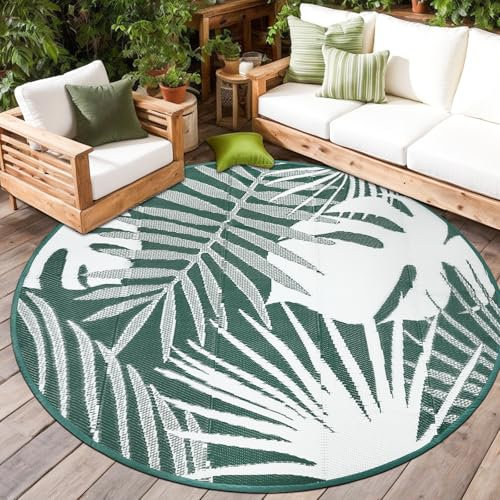 Capslpad ø180cm Waterproof Leaves Round Outdoor Rug Reversible Lightweight Plastic Straw Rug Recycled Portable Travel Circle Carpet Picnic Blanket Mats for Backyard Camping Deck BBQ Beach, Dark Green