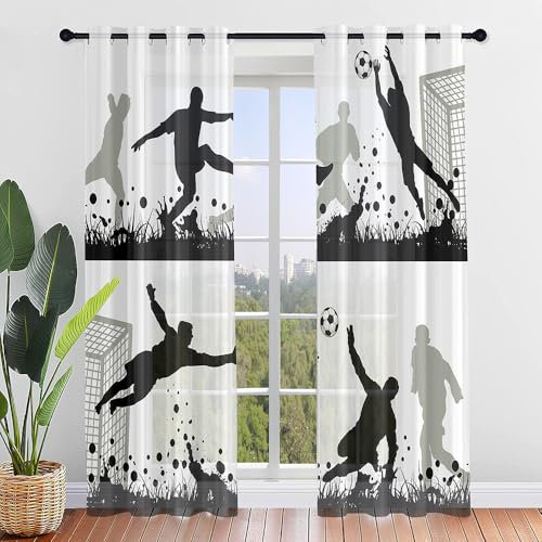 Hiseng Voile Vorhänge mit Ösen Durchsichtig Halbtransparent Ösenvorhang für Fenster Fußball Wohnzimmer Schlafzimmer Moderne Junge Transparent Gardine 2er Set (80x115cm,Weiß)