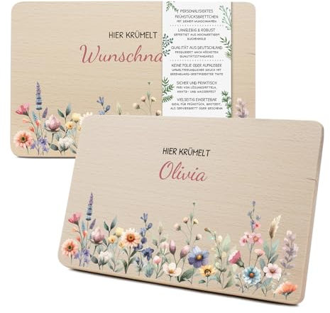 Yabaduu Individual Wooden Board for Children 23.5 x 15 cm Breakfast Board Bread Board Personalised Wooden Animal Motif as a Gift Birthday Child RV007 (23 Flowers, With Choice of Name)