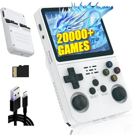 R36s Rétro Console de Jeu Portable 64G, 20000+ Jeux intégrés,21 émulateurs,3.5 Pouces IPS écran 640*480P,système Linux Open Source, Mini Émulateur Portable,Cadeau pour Adultes (Blanc)
