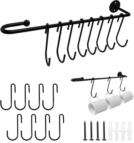 xyuayamz Porta Tazze da Appendere, Portabicchieri da Parete, Porta Tazzine da Caffè Salvaspazio, Porta Tazzine con 8 Ganci per Bancone da Cucina Bancone Bar, Metallo, Nero, 1 Pezzo