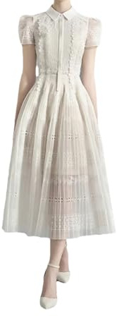 Hndudnff Women's Four Seasons Dress Flower Embroidery Sleeveless A-Line Lace Pleated Evening Dress Figure 1 L