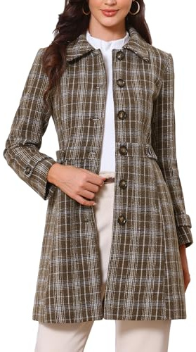 Allegra K Femme Manteau Caban Vintage Imprimé Carreaux Croisé Hiver | Col Claudine Tenue Chaude Poches Latérales Prêt pour le Travail Bureau Décontracté Chic