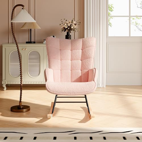 YNYHTER Schaukelstuhl mit Armlehnen, gepolstert, Rocking Chair, Schaukelstuhl, Schlafzimmer, gepolsterter ergonomischer Samtstoff, Sessel für das Wohnzimmer (Rosa B, Samt)