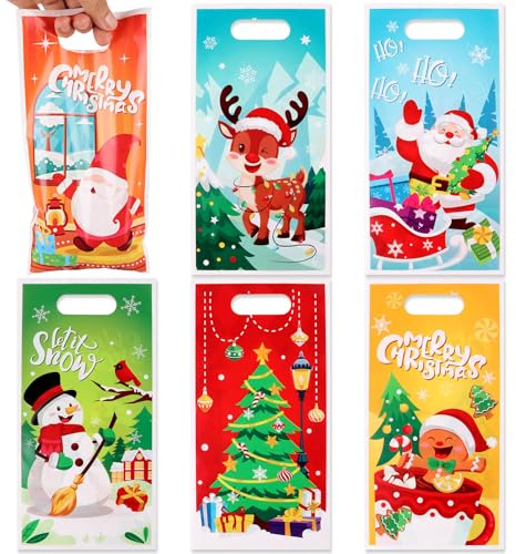 LOAVER 72 Pcs Christmas Gift Bags Bulk,Christmas Plastic Goodie Treat Snack Bags with Handle for Xmas Party Favor Supplies Holiday Candy Gift Wrapping