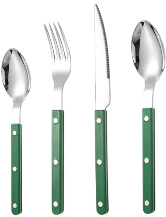 Gihioue Silverware Set, French Cutlery Set, Set of 4 French Cutlery, Teaspoon, Fork, Spoon Cutters, Service Utensils, Dishwasher Safe Steak Cutlery for Gatherings and Banquets