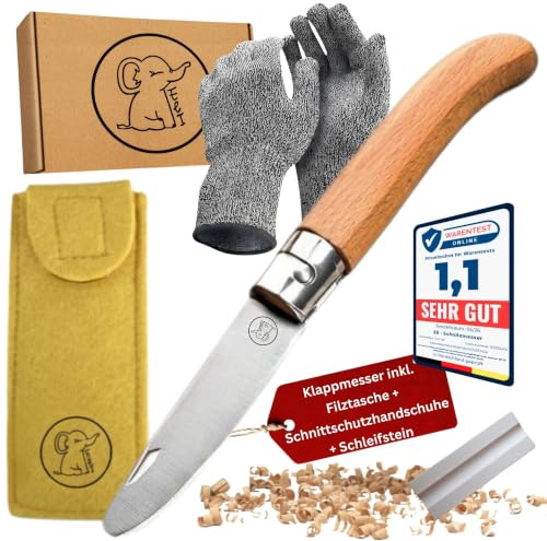 Eli® Schnitzmesser für Kinder mit Filztasche ab 6 Jahre inkl. Handschuhe | hochwertiges Taschenmesser Schnitzset - Kinderschnitzmesser - Schnitzwerkzeug - Outdoor Messer - Geschenk Junge- Mädchen