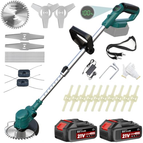 YEXLXLN Rasentrimmer mit Akku, 21V Akku Rasentrimmer mit Akku und Ladegerät | Akku Freischneider für Makita-Akkus mit 4 Klingentypen und 2 x 2,0 Ah Batterien, für Garden Trimmen