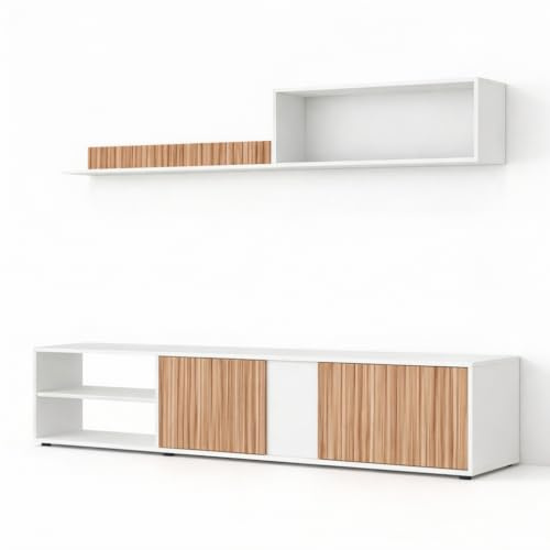 BRICOZONE Parete Attrezzata Soggiorno Con Mobile TV Modulo Sospeso E Mensola Bianco E Rovere Design Moderno Reversibile Con Passacavi 180 x 40 x 33 Cm
