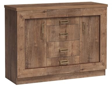 Masseno Kommode Udine 120 cm Sideboard mit 4 Schubladen und 2 Türen für Wohnzimmer Schlafzimmer Modern 120x44x90 cm Braun