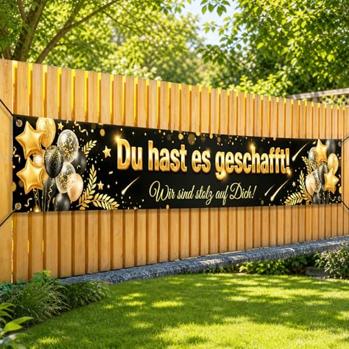 Du hast es geschafft Banner 300x50cm Schwarz Gold, 2026 ABI Deko, Graduation Deko für Abitur, Bachelor, Master und bestandene Prüfung Abschlussfeiern