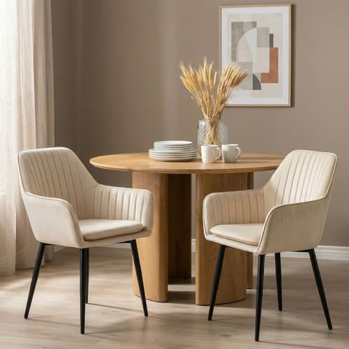Esszimmerstühle SIENNA 2er Set, Beige - Polsterstühle mit Samtbezug und Armlehnen, Küchenstühle mit Rückenlehne, Stuhl für Esszimmer mit Metallbeinen, Esszimmermöbel [max. Belastbarkeit 120 kg]