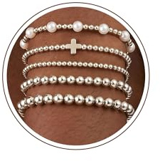 Maxcate 5 Stück Armband Damen Gold, 18K Gold/Silber Vergoldet armband Set | Bead/Perlen/Kreuz Armband Damen Elastisches Armbänder Set Geschenke Schmuck für Frauen Mädchen