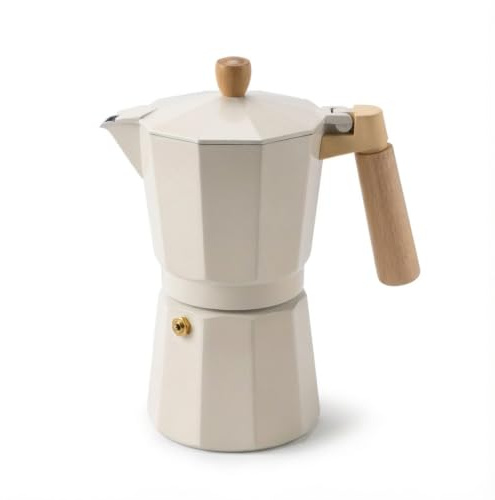 Happy Friends - Cafetera Italiana Moka de Aluminio para Gas, Vitrocerámica y Eléctrica | Cafetera Espresso Tradicional con Mango Efecto Madera (No Inducción) (Beige, 6 Tazas - 280mL)