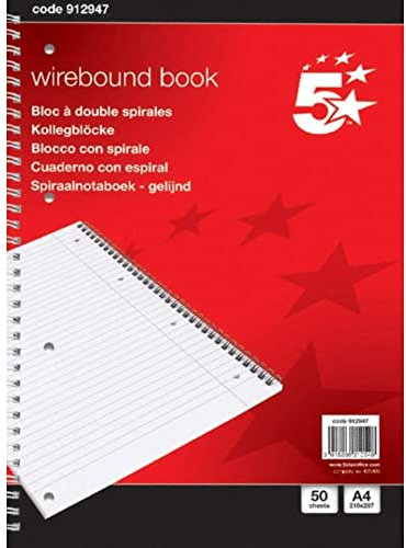 5 Star Notebook Wirebound 70gsm Ruled and Margin Perforated 50 Pages A4 [Pack 10]
