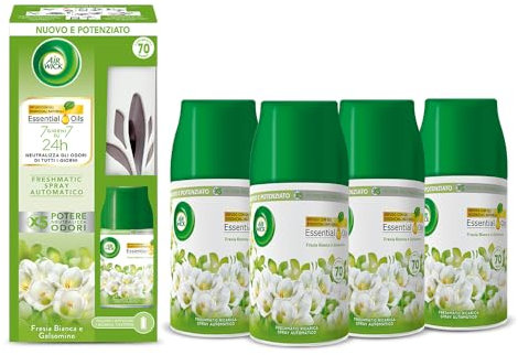 Airwick Kit Freshmatic Profumatore per Ambienti: 1 Freshmatic Completo gadget + ricarica Fresia Bianca e Gelsomino, 1x250ml, e 4 Ricariche Freshmatic alla fragranza Fresia Bianca e Gelsomino, 4x250ml
